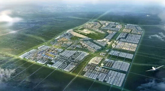 Zhengzhou Airport City, vista aerea (proposta del Beijing Tsinghua Tongheng Planning and Design Institute Co., Ltd.)