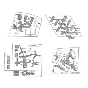 Progetti di carceri (in senso orario): Cosenza (Mario Ridolfi, 1955 - consegnato al DAP nel 1980); Nuoro (Mario Ridolfi, 1955 - consegnato al DAP nel 1969); Livorno (Sergio Lenci, 1975 - consegnato al DAP nel 1984); Roma-Rebibbia (Sergio Lenci, 1959 - consegnato al DAP nel 1971)