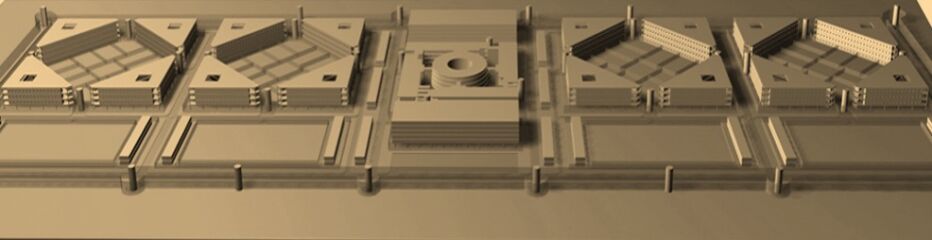 Domenico Alessandro De Rossi, "Judical City" a Sirte (Libia): centro amministrativo, magazzini generali, annessi tecnici e sanitari di servizio al ricevimento (colloqui legali, rapporti famiglia); carcere, centro controllo, laboratori, scuole e posto polizia. Totale posti: 2.000; superficie: circa 50 ettari