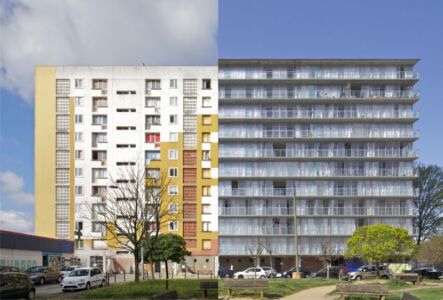 Lacaton & Vassal architectes, Frédéric Druot Architecture e Christophe Hutin Architecture, progetto Grand Parc a Bordeaux, Francia: edifici G, H, I, facciata sud prima e dopo gli interventi