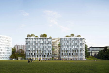 Render della Fondation de Chine vista dall'interno della Cité Universitaire (© Coldefy Artefactory)