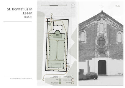 Tavola dall’esercitazione didattica sulle chiese di Emil Steffann (Matilde Garbin + Lucrezia Gualano, 2020)